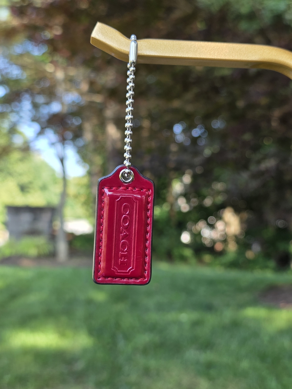 Coach Small Oxblood Red Patent Leather Hangtag W/ Silver Ball Chain